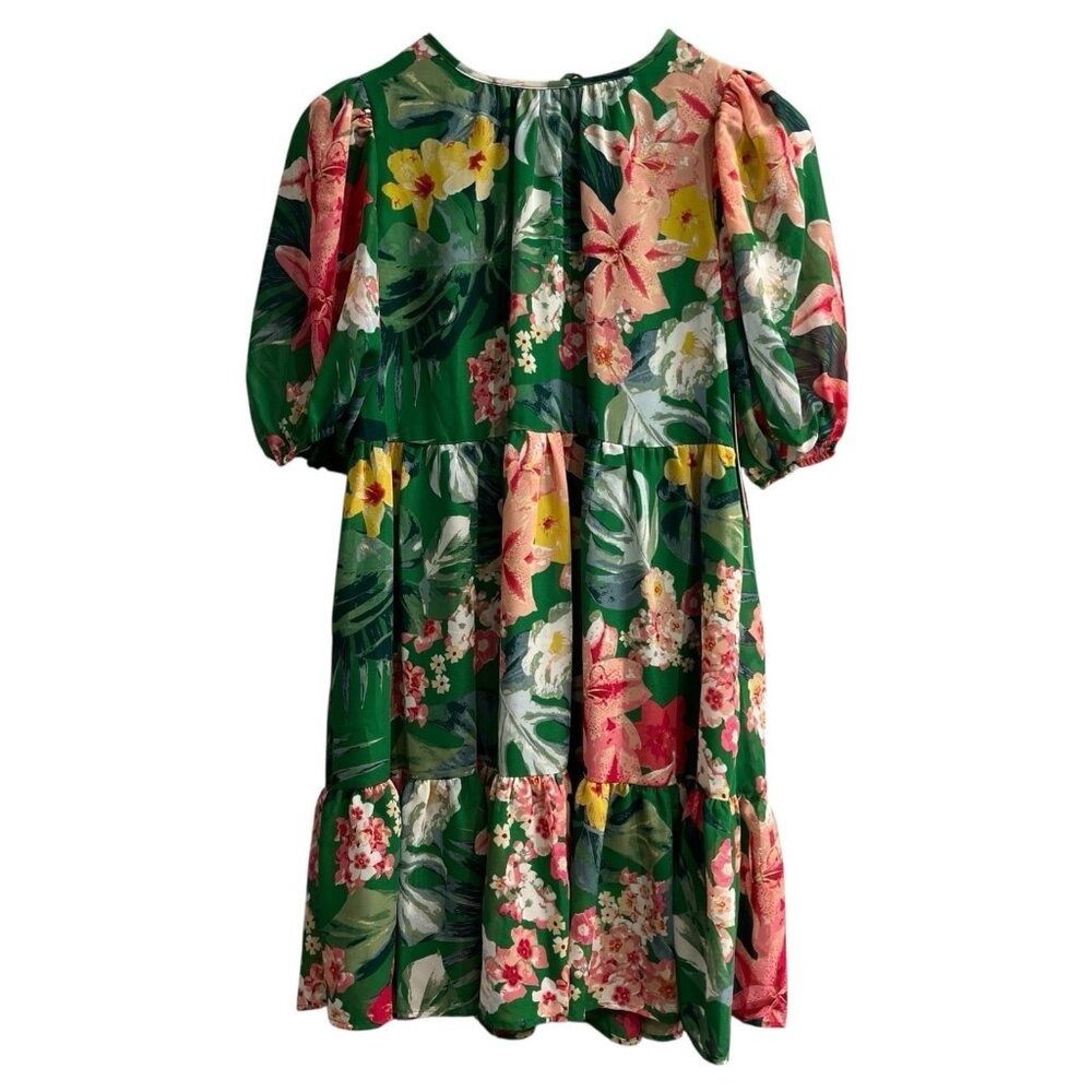 Eliza‎ J Dress  Green Floral Chiffon Tiered Puff Sleeve Size 4 Wedding Guest